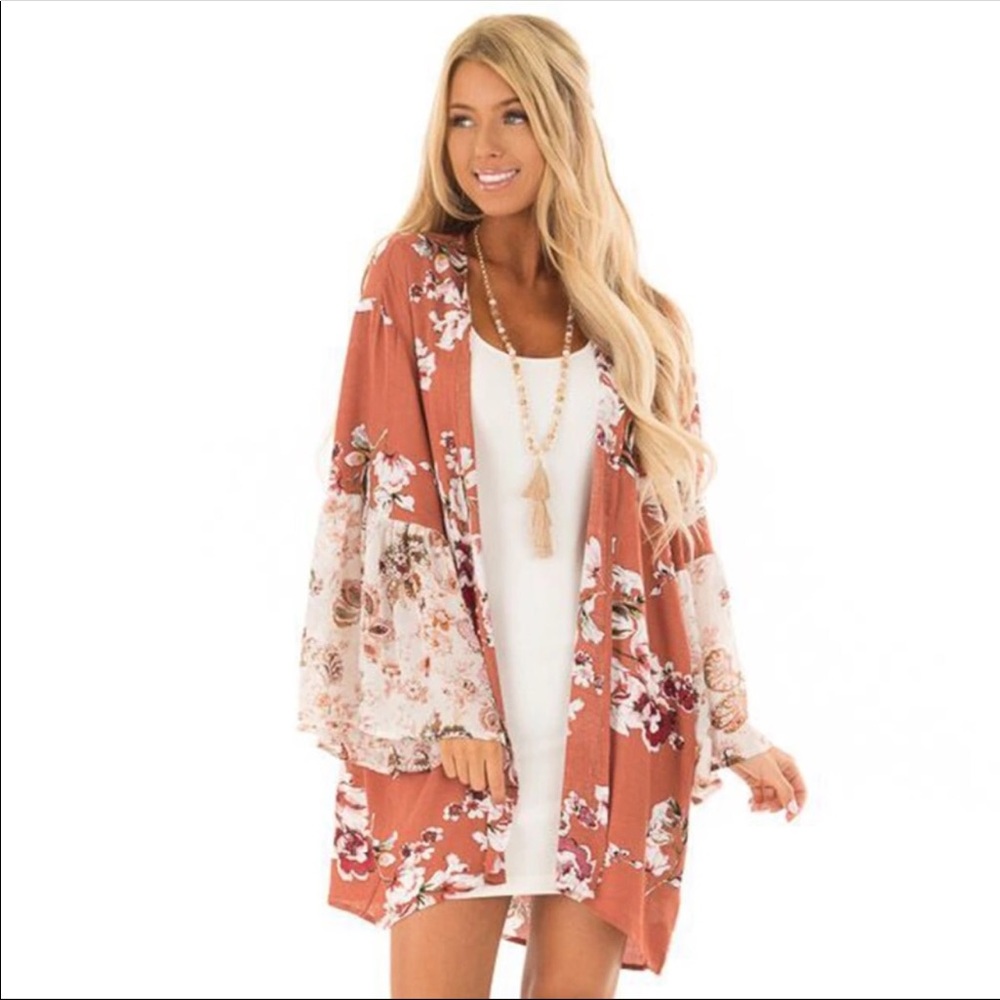 Boho Floral Blooms Rustic Orange Kimono - Picture 5 of 8